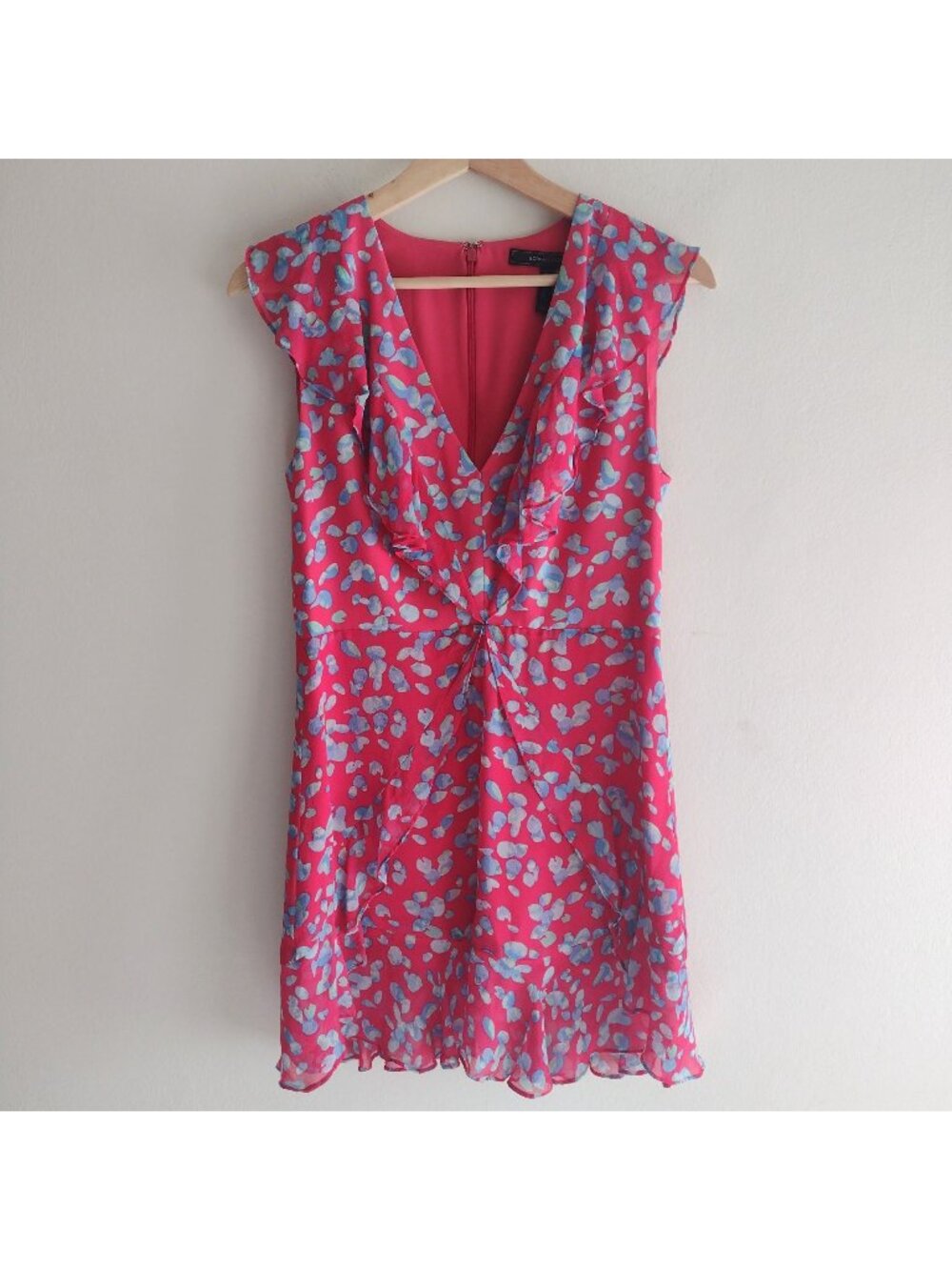 BCBGMax Azria Bright Red Printed Silk Dress Size 6 Blue Watercolor Dots Mini